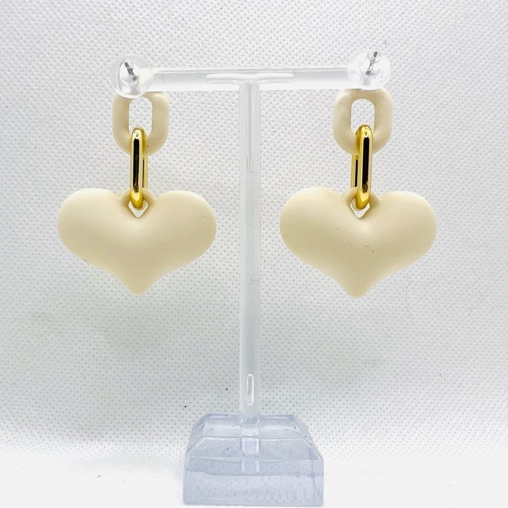 Ivory White Heart and Chain Detail Drop Statement Earrings Feminine Chunky - Picture 6 of 11